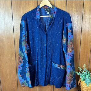 Vintage KOOS of COURSE Blue Floral Print Button Up Shirt Top Size L Unique